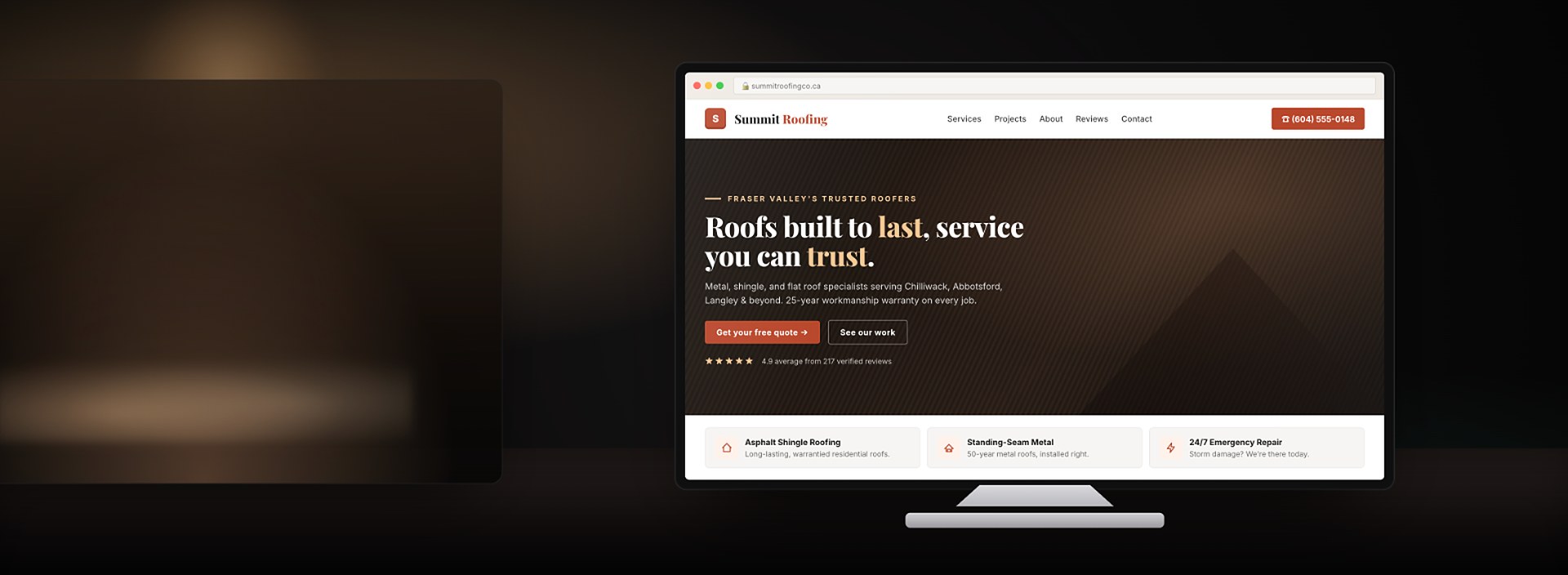 Roofing company website design shown on a modern desktop computer